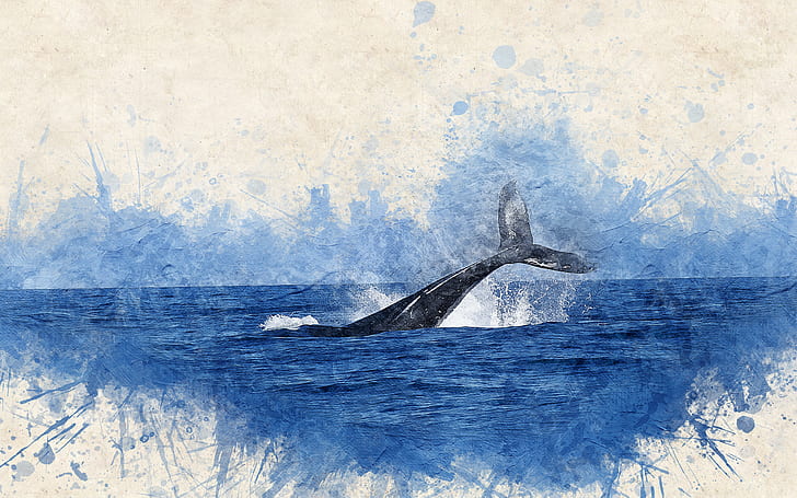 whale swim in water painting