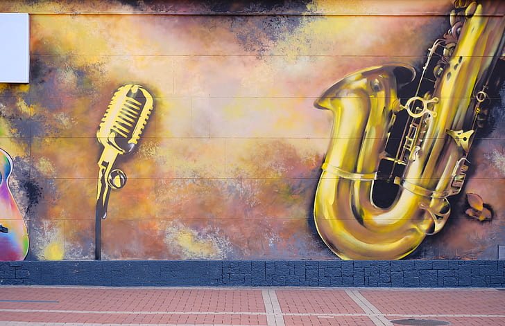 condenser microphone and brass saxophone painting