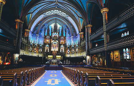 cathedral interior with blue and purple ceiling