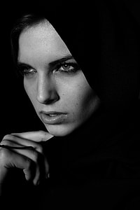 woman wearing scarf grayscale photograph