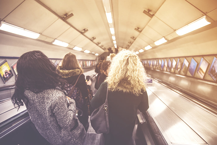 People on the escalators on the London Underground metro system. Image captured with a Canon 6D