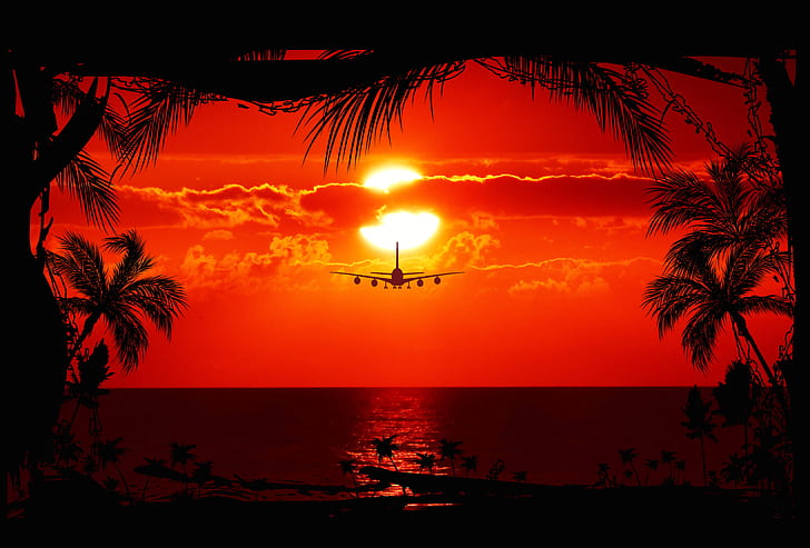 airliner in flight during golden hour