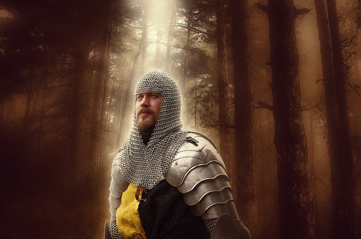 armored man on forest with sun ray digital wallpaper