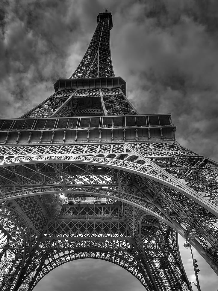 gray scale photo of Eiffel Tower