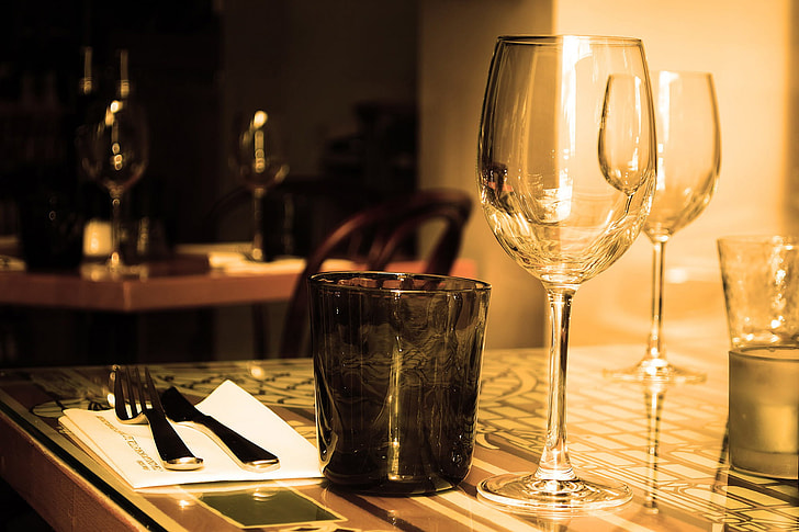 Wine glass on restaurant table