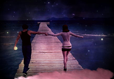couple standing on seadock painting