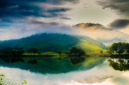 photo of mountains reflecting at body of water