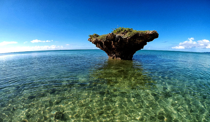 brown stone formation in the middle of body of water
