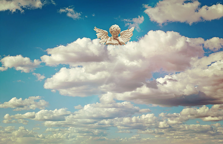 cherub resting his head on white clouds