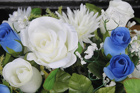 white and blue rose arrangement