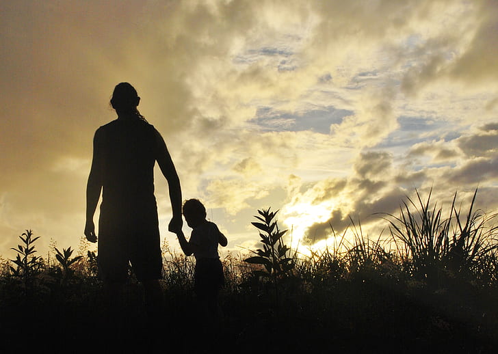 silhouette of man and kid near grasses at sunrise