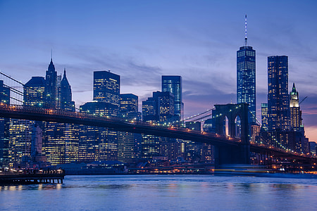 The famous manhattan skyline captured at sunset in New York City