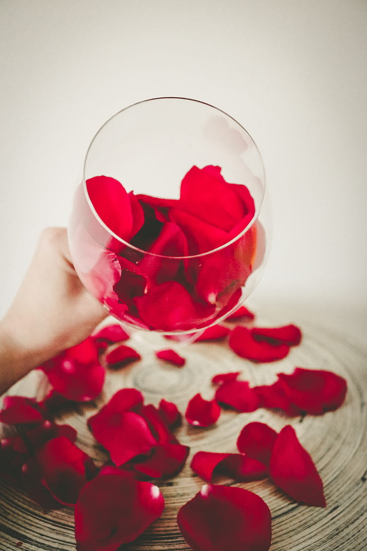 rose petal on wine glass