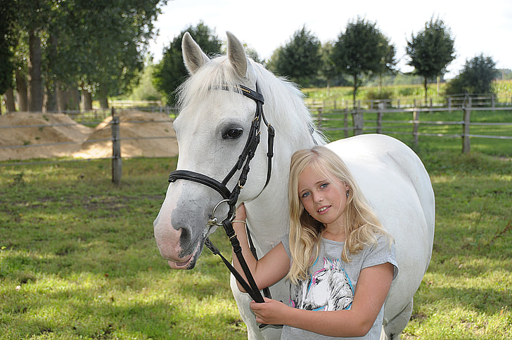 girl holding white horse on green grass field