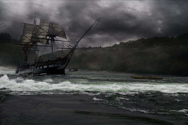 photo of black galleon ship under black clouds