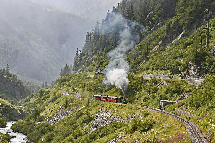 photo of train passing mountain covered with trees during daytime