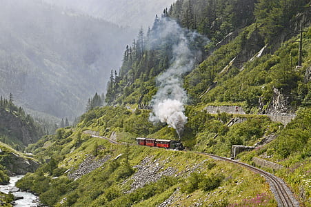 photo of train passing mountain covered with trees during daytime