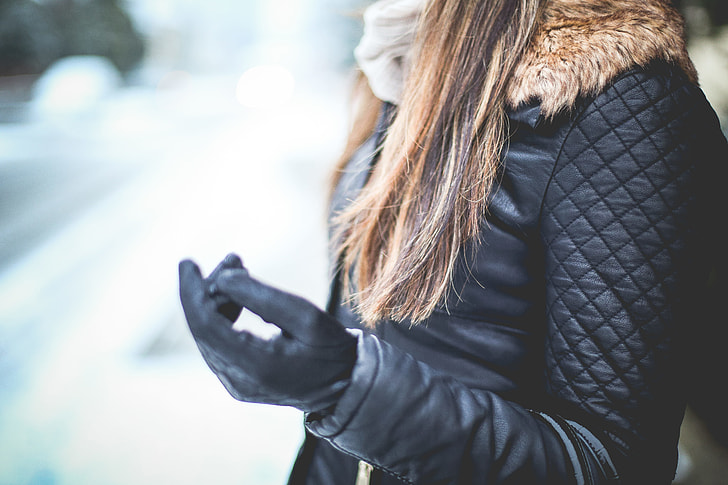 Girl with Black Leather Jacket in Winter