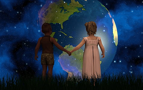 two toddlers hold hands facing earth illustration during nighttime
