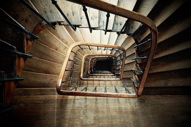 top view of brown spiral staircase