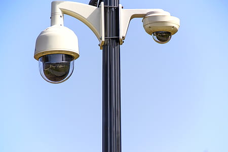two white dome pole security cameras