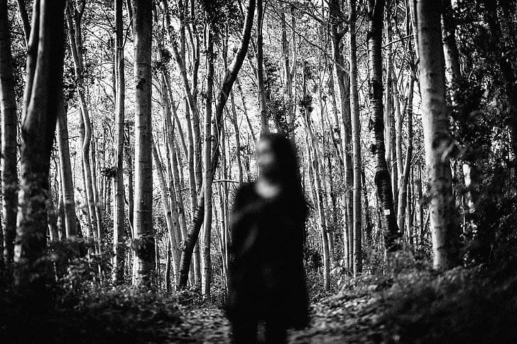 person wearing dress standing near trees grayscale photo