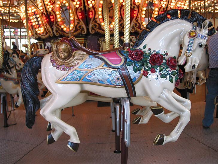 photo of white and blue horse carousel