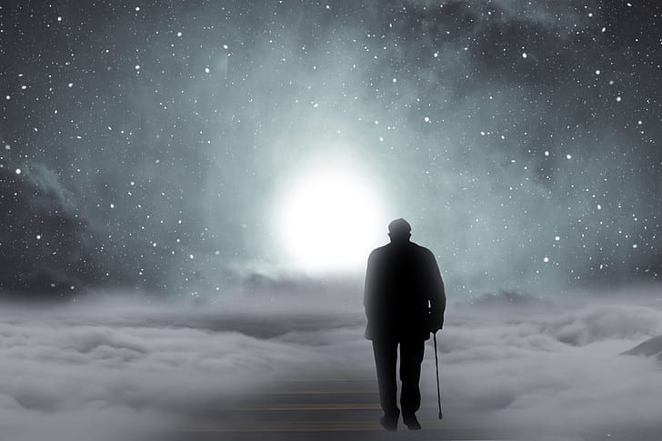 man holding walking cane on clouds illustration