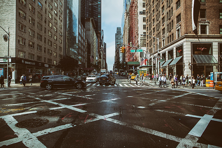 Wide angle shot taken at a traffic junction in Manhattan, New York City