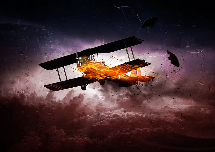 burning biplane above white and brown clouds digital wallpaper