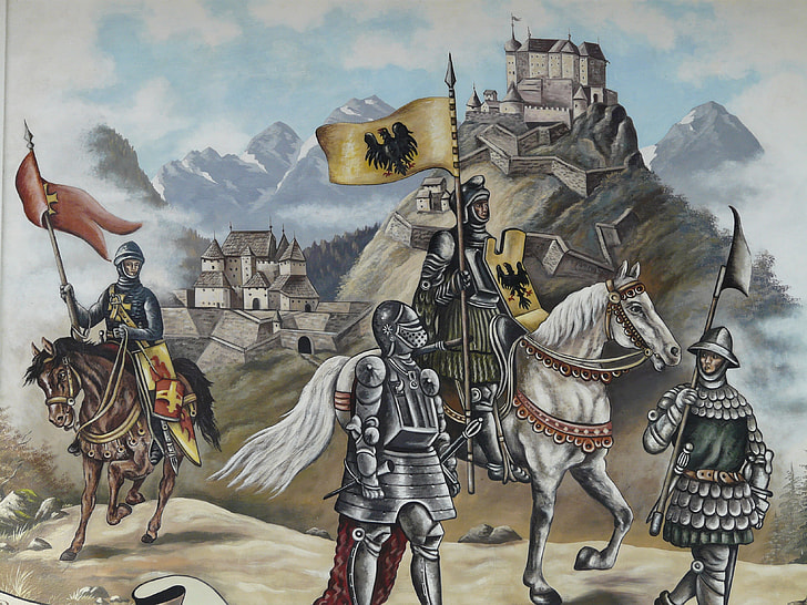 four assorted-armoured knights near castle painting