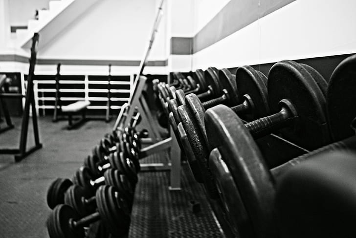 assorted dumbbells in grayscale photography