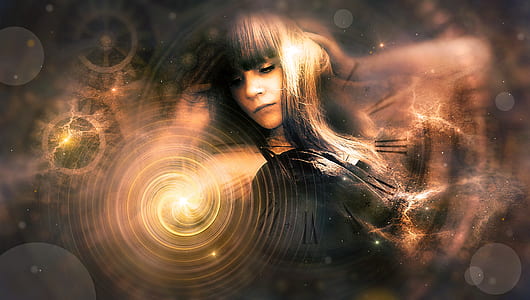 digital wallpaper of woman in long black hair with fringes