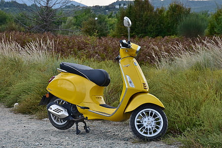 yellow motor scooter parked near grass