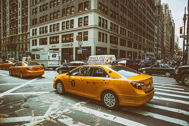 Street shot of traffic on the busy roads of Midtown Manhattan in New York City