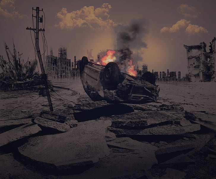 selective color photography of wrecked car