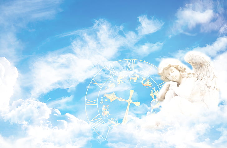 blue sky, white clouds and angel illustration
