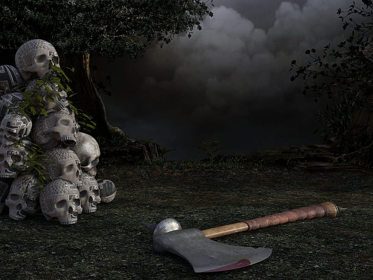 brown handled axe on ground beside gray human skulls