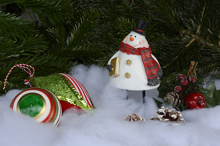 photo of snowman ornament beside Christmas tree