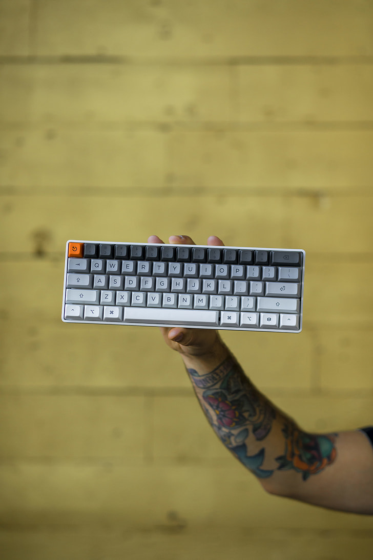 person holding grey and black computer wireless keyboard