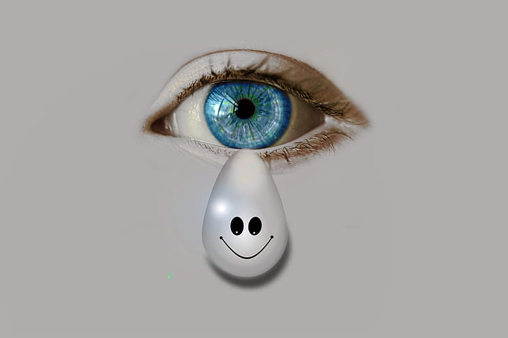 white teardrop with smiley and blue eyes painting