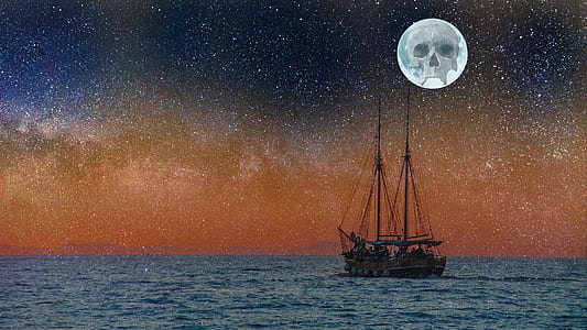 brown wooden sailship under full moon with skull print