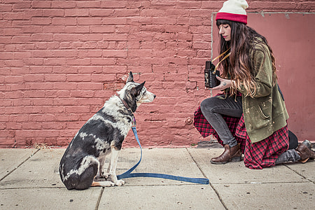 woman in green jacket in front of dog near wall