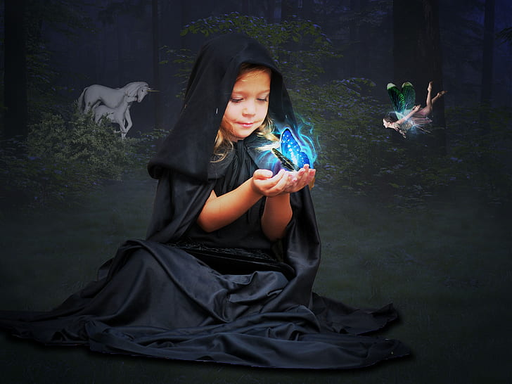 girl wearing black robe with butterfly on hand
