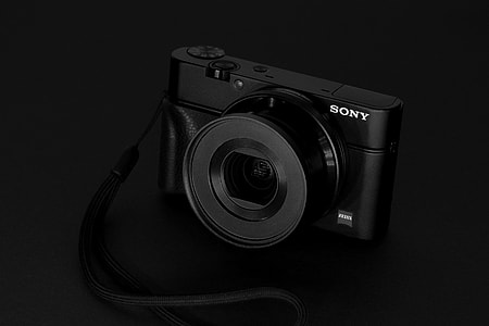 Closeup shot of a Sony camera on black background