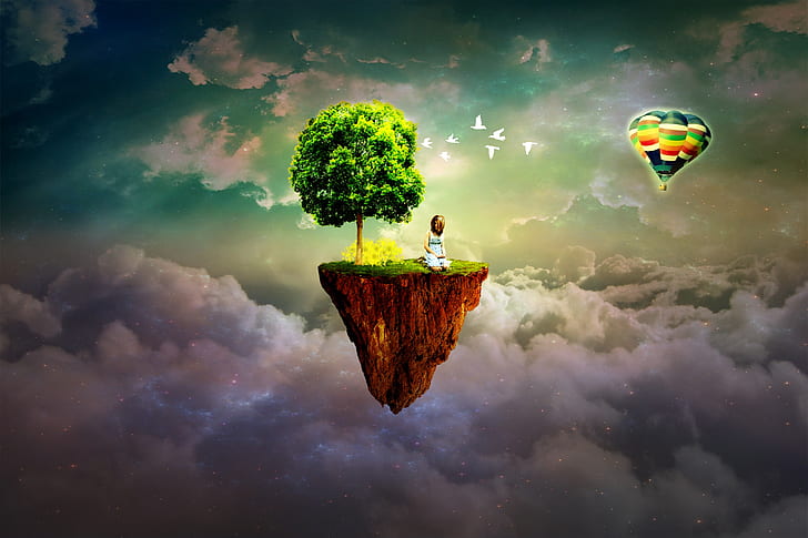 man sitting on floating island above clouds illustration
