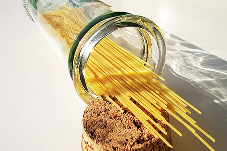 pasta in clear glass container