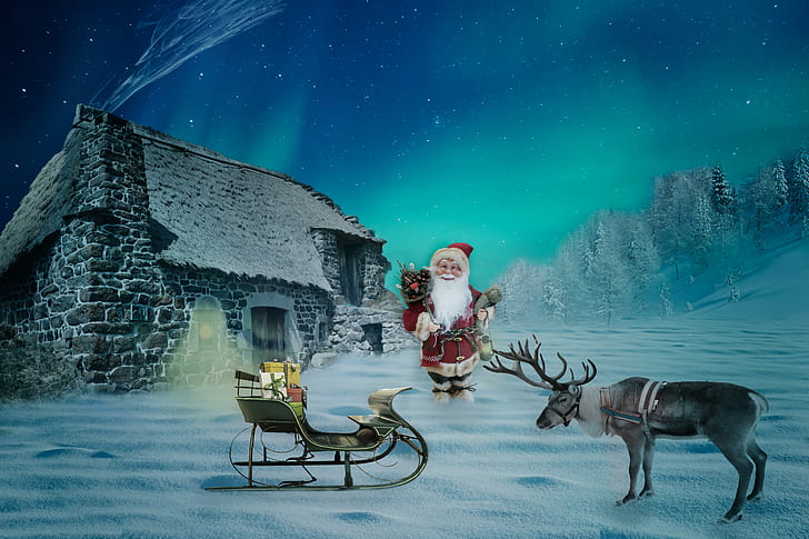 Santa Claus with house on snow with aurora
