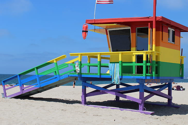 multicolored lifeguard tower