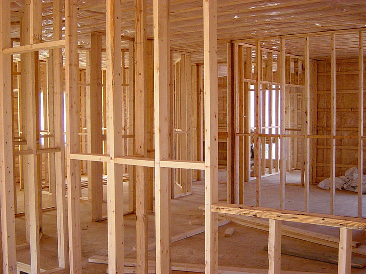 Image of walls that were framed in light wood construction.